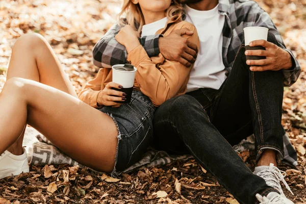 Cropped View Young Couple Holding Thermo Cups While Sitting Fall — Stock Photo, Image
