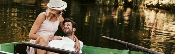 Panoramic Shot Young Woman Sundress Hat Hugging Happy Boyfriend While — Stock Photo, Image