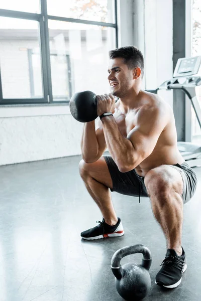 Handsome Shirtless Sportsman Squatting Weight Sports Center — Stock Photo, Image