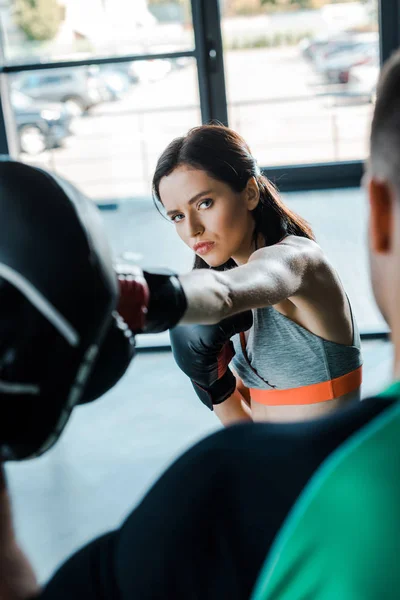 Sportswoman Boxing Gloves Working Out Sportsman Sports Center — Stock Photo, Image