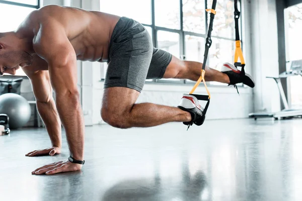 Handsome Sportsman Working Out Suspension Trainer Sports Center — Stock Photo, Image
