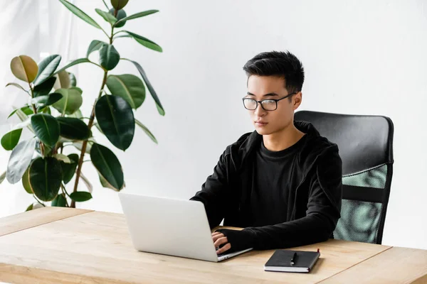 Asiático Hacker Óculos Sentado Mesa Usando Laptop — Fotografia de Stock
