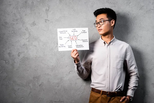 Asian Seo Manager Holding Looking Paper Concept Words Seo — Stock Photo, Image