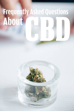 selective focus of medical marijuana buds in glass bottle with frequently asked questions about cbd illustration clipart