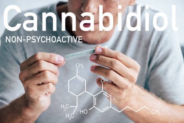 Gülümseyen olgun bir adamın psikoaktif olmayan cbd illüstrasyonunun yanında esrar sardığı görüntüler.
