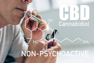 Psikoaktif olmayan cbd illüstrasyonunun yakınında tıbbi esrarla aydınlanan bir adam görüntüsü