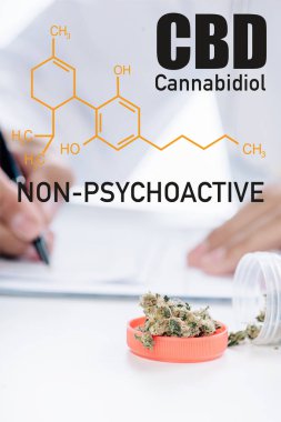 selective focus of container with medical cannabis near doctor writing prescription and non-psychoactive cbd illustration