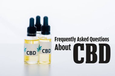 cbd oil in bottles isolated on white with frequently asked questions about cbd illustration clipart