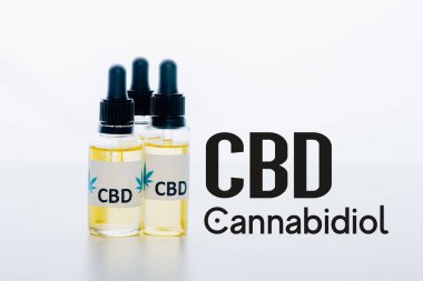 Cbd illüstrasyonla beyaza izole edilmiş şişelerde cbd yağı.
