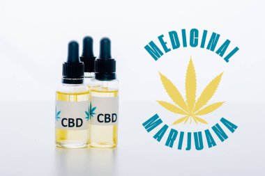 cbd oil in bottles isolated on white with medicinal marijuana illustration clipart