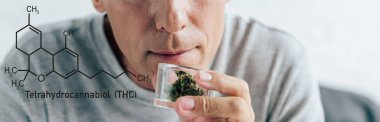 cropped view of man in t-shirt holding medical cannabis in glass container, panoramic shot with thc molecule illustration clipart