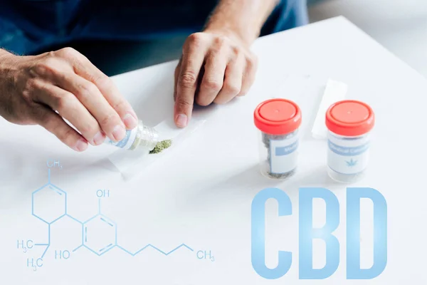 Cropped View Man Rolling Blunt Medical Cannabis Apartment Cbd Molecule — Stock Photo, Image