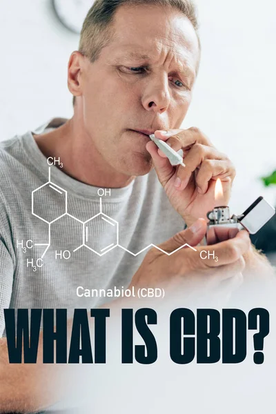 mature man lighting up blunt with medical cannabis at home with what is CBD question