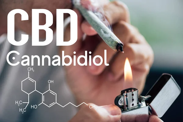 Cropped View Man Lighting Blunt Medical Cannabis Cbd Molecule Illustration — ストック写真