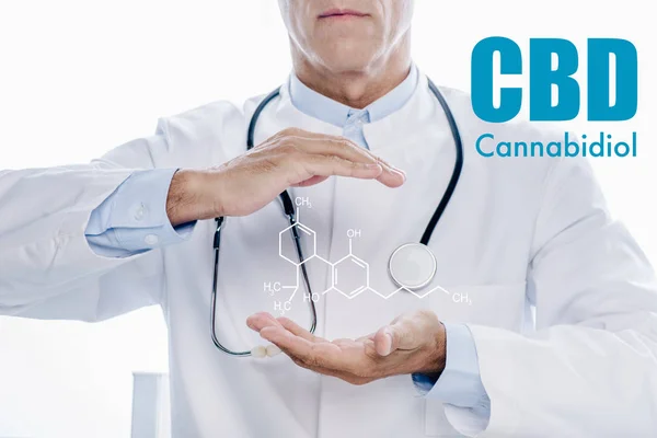 Cropped View Doctor White Coat Holding Hands Cbd Molecule Illustration — Stock Photo, Image