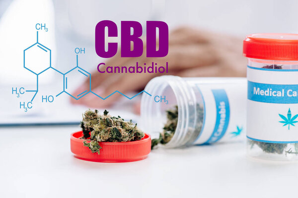 selective focus of bottle with medical cannabis near doctor with cbd molecule illustration