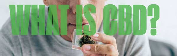 обрезанный вид человека в футболке с медицинской марихуаной в стеклянном контейнере, панорамный снимок того, что является вопросом CBD
