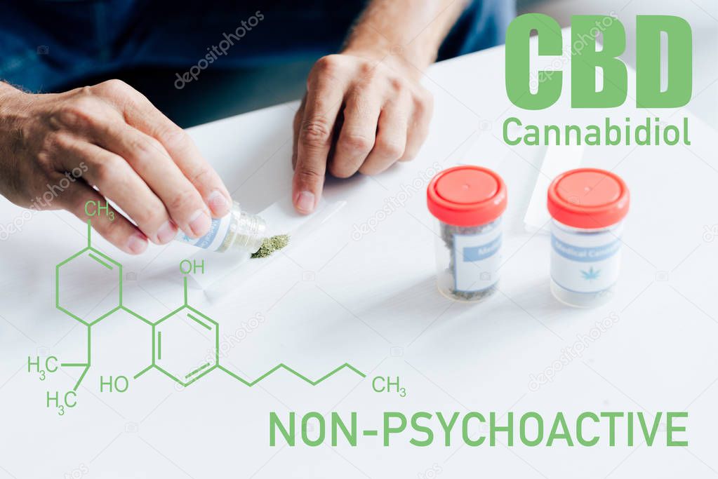 cropped view of man rolling blunt from medical cannabis in apartment with cbd molecule illustration