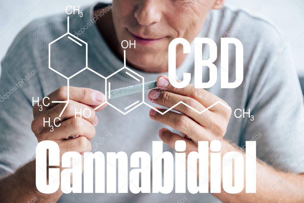 cropped view of smiling mature man rolling blunt with medical cannabis near cbd molecule illustration