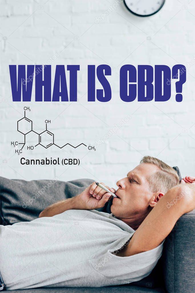 side view of mature man smoking blunt with medical cannabis on sofa with what is CBD question