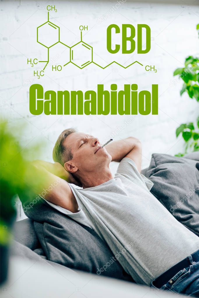 selective focus of handsome man smoking blunt with medical cannabis on sofa with cbd molecule illustration