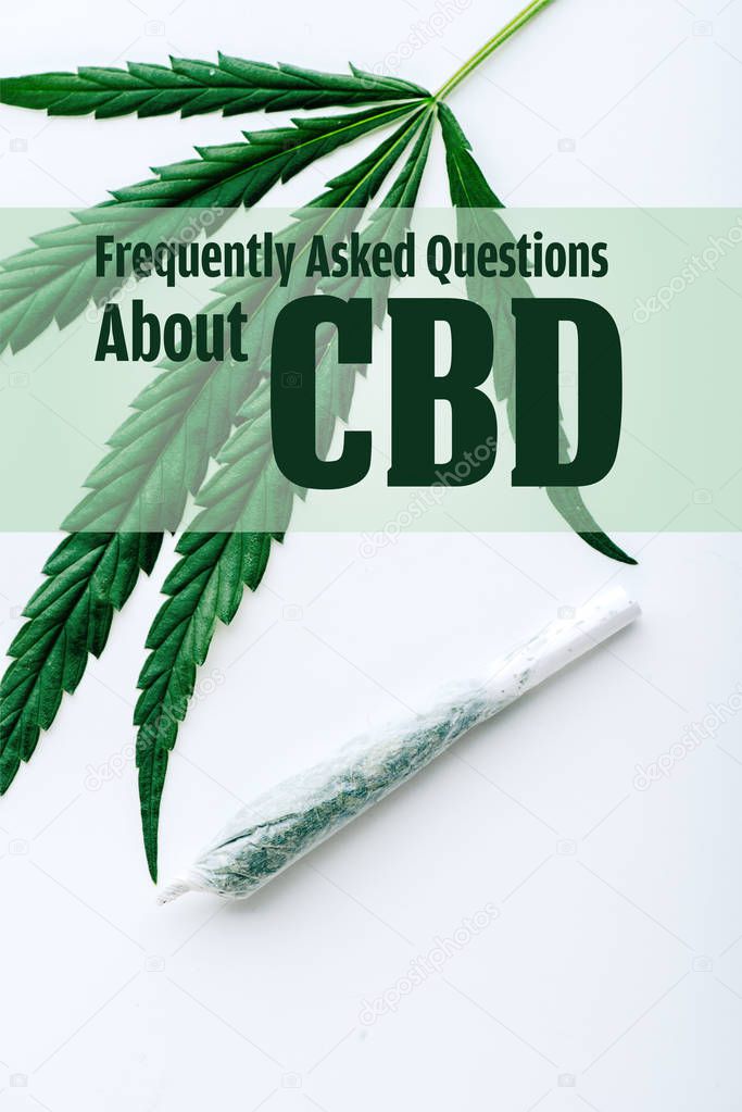 top view of medical marijuana leaf and joint on white background with frequently asked questions about cbd illustration