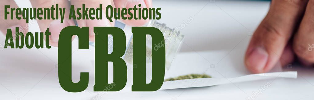 panoramic shot of man making joint with medical cannabis near frequently asked questions about cbd illustration