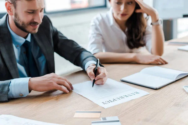 Selective Focus Sad Businessman Holding Pen Document Credit Card Attractive — Stock Photo, Image