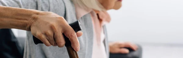 Panoramic Shot Senior Woman Wooden Cane Apartment — Stock Photo, Image