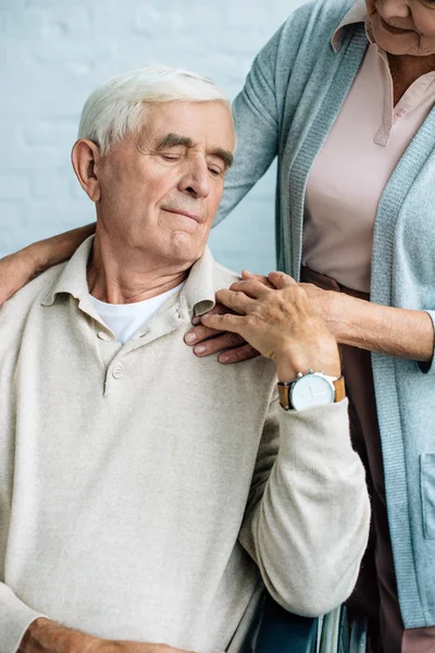 Cropped View Wife Hugging Handsome Husband Wheelchair — Stock Photo, Image