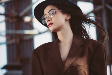 stylish elegant woman posing in hat, eyeglasses and brown jacket on roof clipart