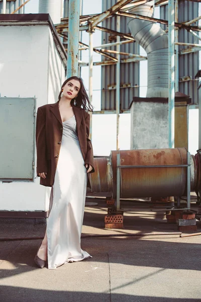 Belo Modelo Elegante Posando Vestido Seda Casaco Marrom Telhado — Fotografia de Stock