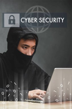 Asyalı hacker dizüstü bilgisayar kullanıyor ve siber güvenlik illüstrasyonunun yanında oturuyor 