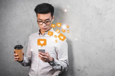 asian seo manager holding paper cup, using smartphone with likes illustration   clipart