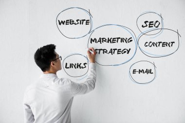 back view of seo manager writing on wall with illustration of concept words of marketing strategy  clipart
