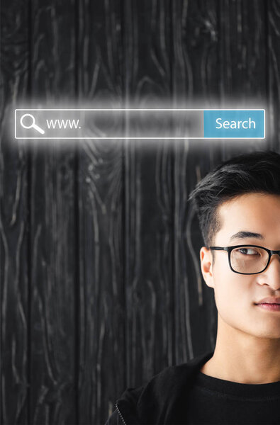 cropped view of asian man in glasses and search bar illustration 
