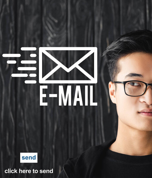 обрезанный вид азиатского человека в очках и электронная почта иллюстрации
 