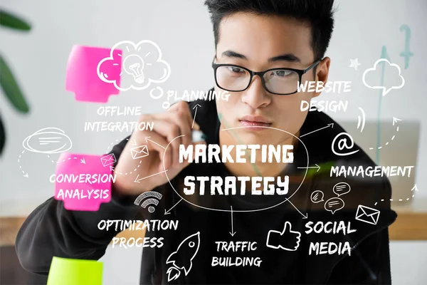 Azjatycki Seo Manager Pisanie Szkle Ilustracją Słów Koncepcyjnych Strategii Marketingowej — Zdjęcie stockowe