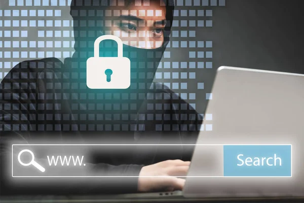 Asian Hacker Using Laptop Padlock Search Bar Illustration — Stock Photo, Image