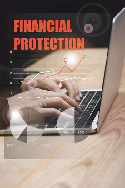 cropped view of hacker using laptop and financial protection illustration 