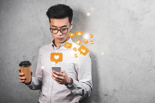 Asian Seo Manager Holding Paper Cup Using Smartphone Likes Illustration — Stock Photo, Image