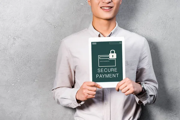 Cropped View Smiling Businessman Holding Digital Tablet Secure Payment Illustration — Stock Photo, Image