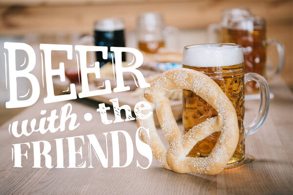 top view of fried sausages, onion rings, french fries, pretzels and mugs with beer on wooden table in pub with beer with the friends illustration