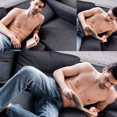 Evde kanepede kitap okuyan üstsüz seksi adamla kolaj.