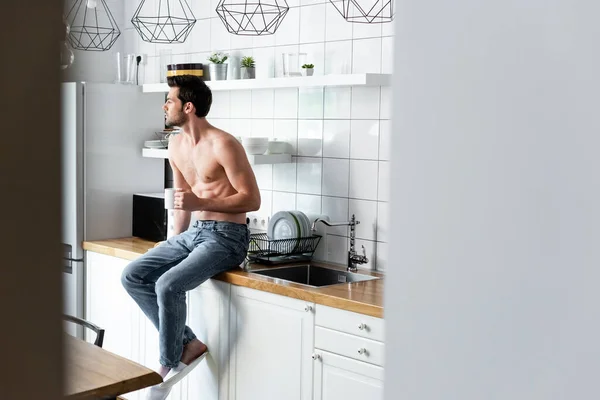 Sexy Shirtless Man Holding Cup Coffee Kitchen Morning — Stock Photo, Image