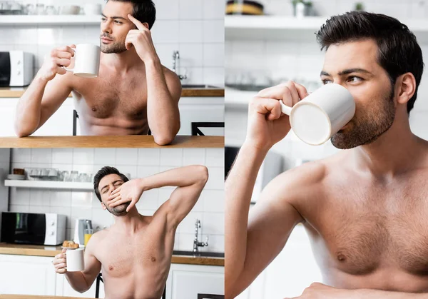 Collage Med Sexig Skjorta Man Gäspning Och Dricka Kaffe Köket — Stockfoto