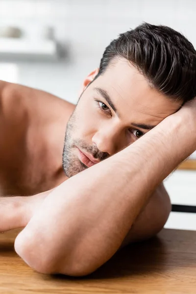 Portrait Handsome Sexy Man Kitchen — Stock Photo, Image