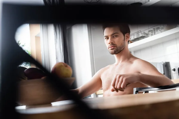 Handsome Sexy Man Sitting Kitchen Selective Focus — Stock Photo, Image