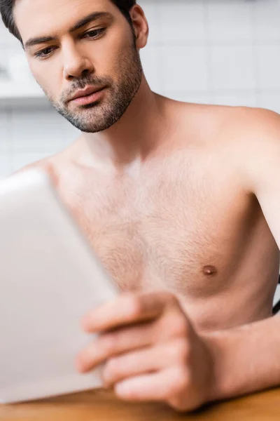 Handsome Sexy Shirtless Man Using Digital Tablet Self Isolation — Stock Photo, Image