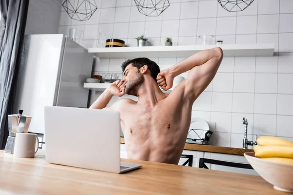 Sexy Shirtless Freelancer Stretching While Working Laptop Kitchen Coffee — Stock Photo, Image